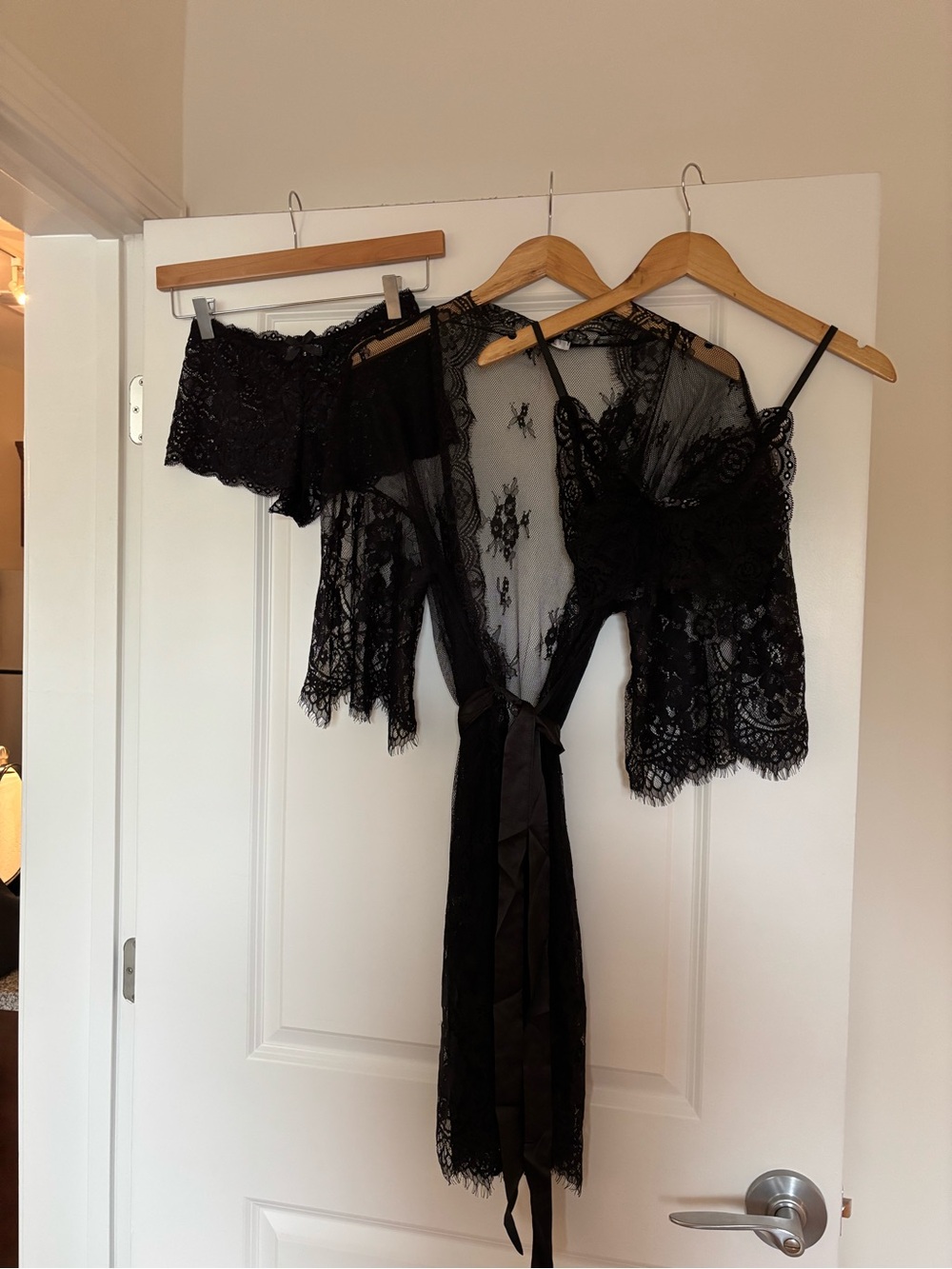 Sheer Black Lace Robe Set with Camisole & booty shorts